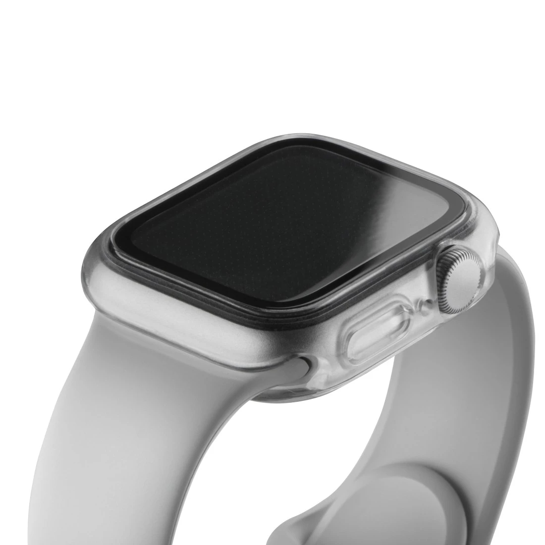 Gros plan d'une smartwatch avec un boîtier transparent et un bracelet gris clair. L'écran est noir et la montre est légèrement inclinée.