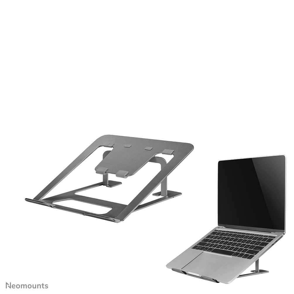 A laptop on a silver laptop stand. The laptop is open, showing a black screen. Stand is angled, has a modern design.