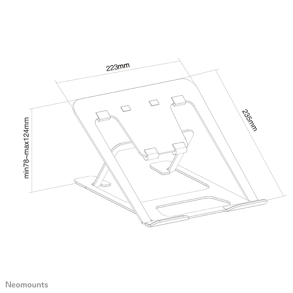 A white laptop stand with dimensions labeled: 223mm, 235mm, and min78~max124mm. Neomounts logo at the bottom.