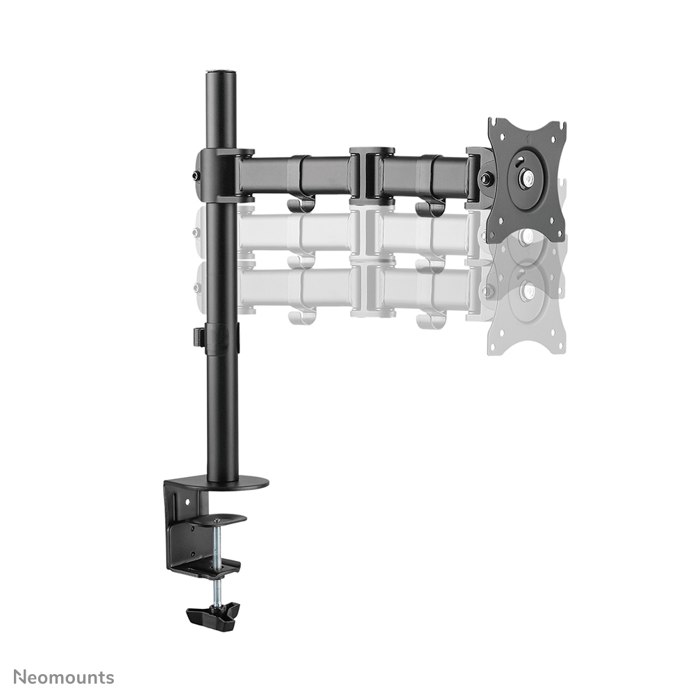 Ein schwarzer Monitorarm, an einer Klemme befestigt. Der Arm erstreckt sich horizontal und hält eine Monitorhalterung, mit weißem Hintergrund.