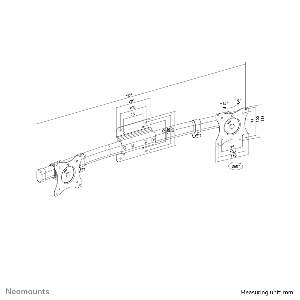 Diagram van een monitorbeugel met afmetingen in mm. Inclusief afmetingen, hoeken en rotatiemogelijkheden.