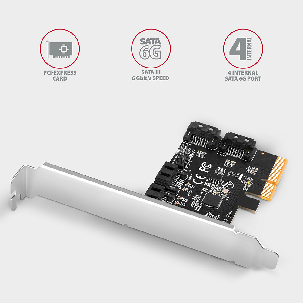Eine PCI-Express-Karte mit SATA-Anschlüssen. Sie hat Textbeschriftungen: PCI-Express-Karte, SATA 6G, SATA III und 4 interne SATA 6G-Anschlüsse.