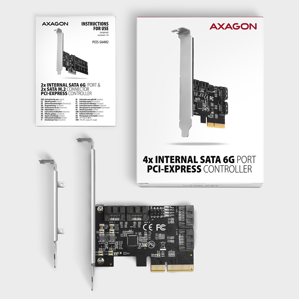 Das Bild zeigt Computerhardwarekomponenten, darunter PCI-Express-Controller, Kartons und Bedienungsanleitungen, mit der Marke AXAGON.