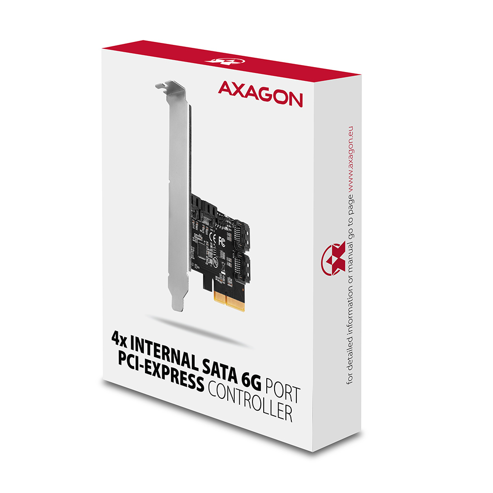 Ein weißer Karton mit roter Oberseite enthält einen PCI-Express-Controller. Text: 4x Internal SATA 6G Port PCI-Express Controller.