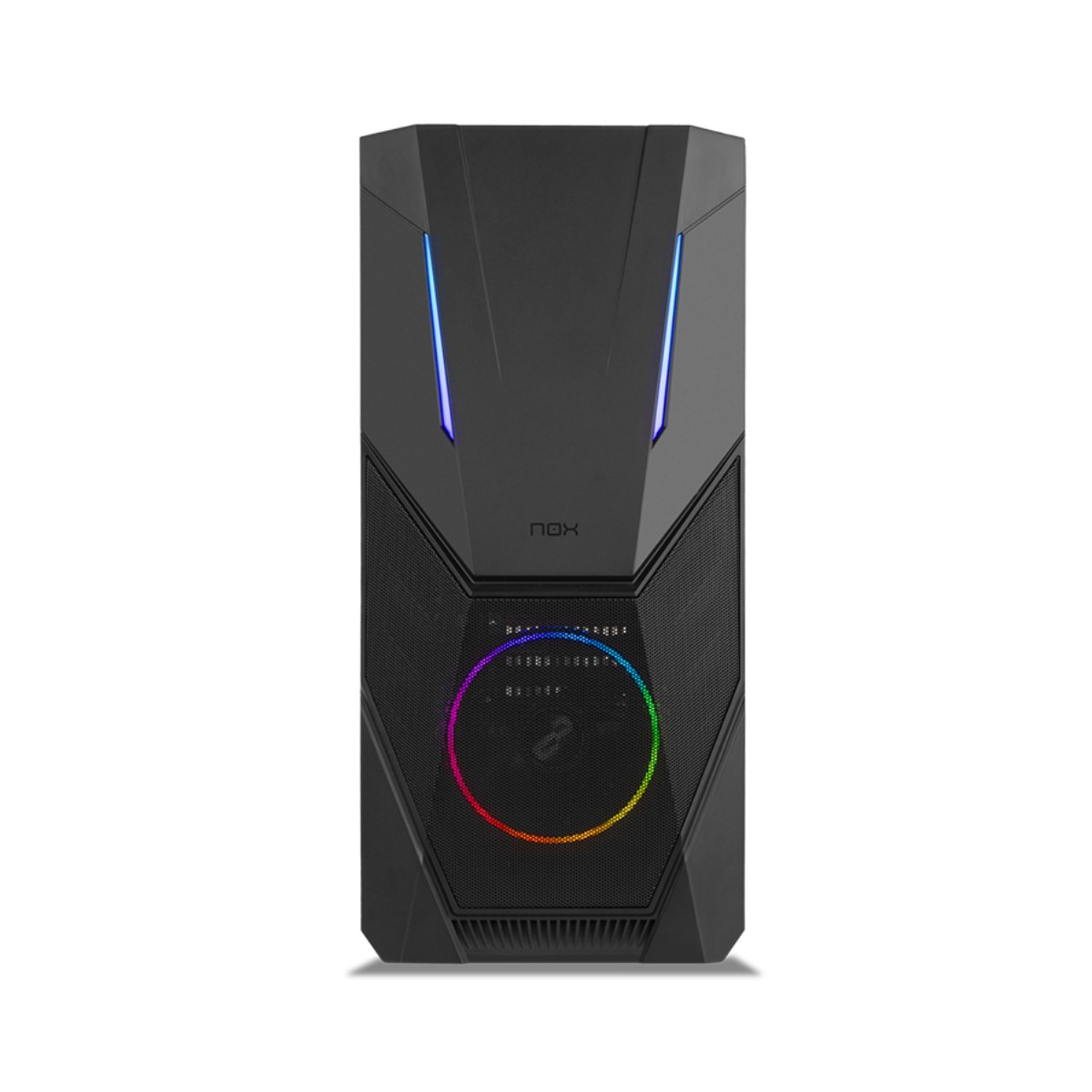 Czarna obudowa komputera z oświetleniem RGB i logo 'NOX'. Niebieskie paski LED u góry. Wentylator świeci tęczowym wzorem.