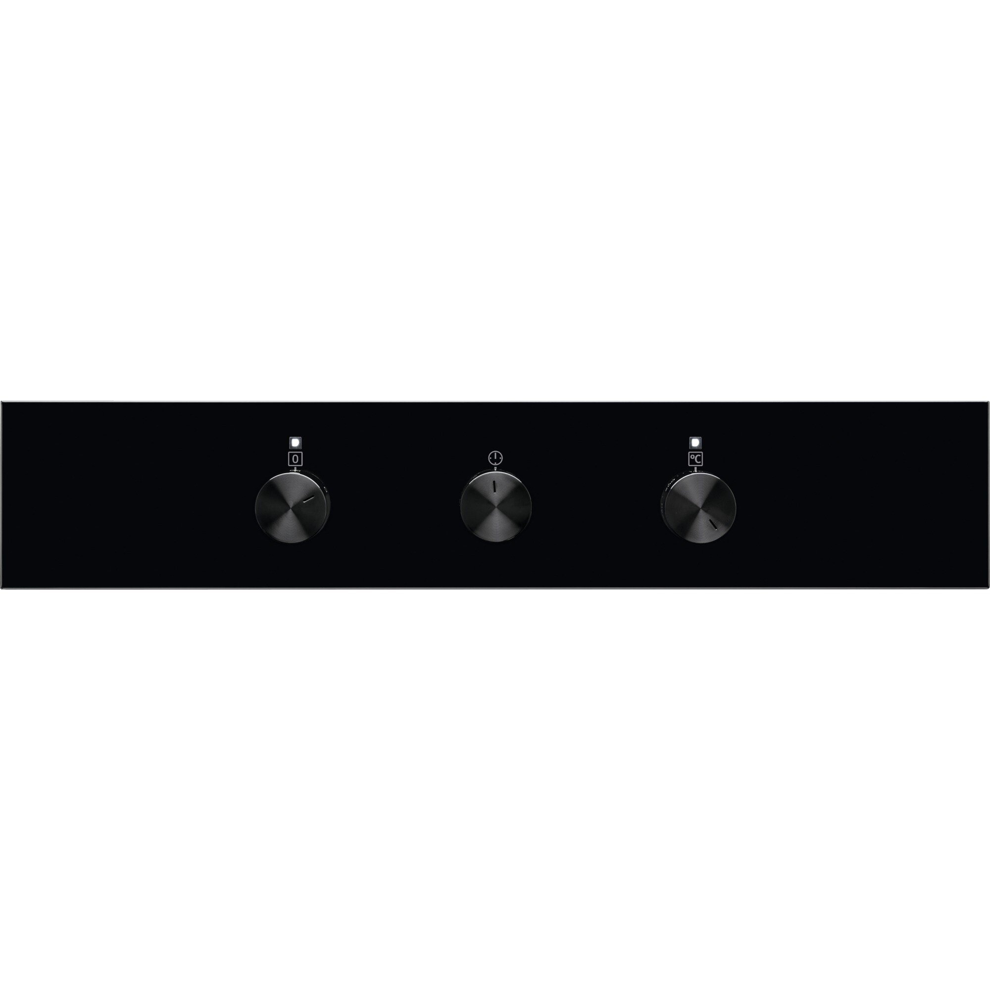 Pannello di controllo nero con tre manopole metalliche. Ogni manopola ha un simbolo. Manopole per temperatura e potenza.