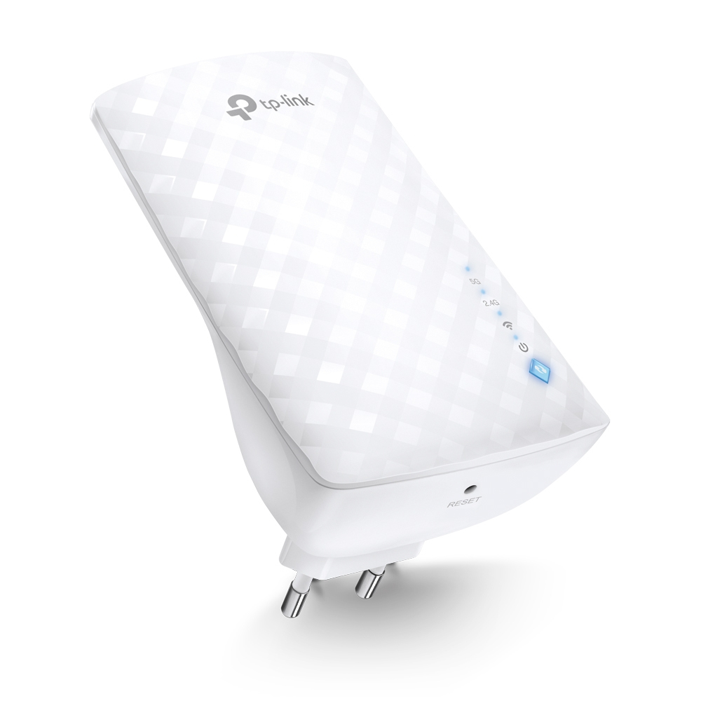 Un extensor Wi-Fi TP-Link blanco con patrón de diamantes, luces y enchufe. La palabra 'RESET' es visible.