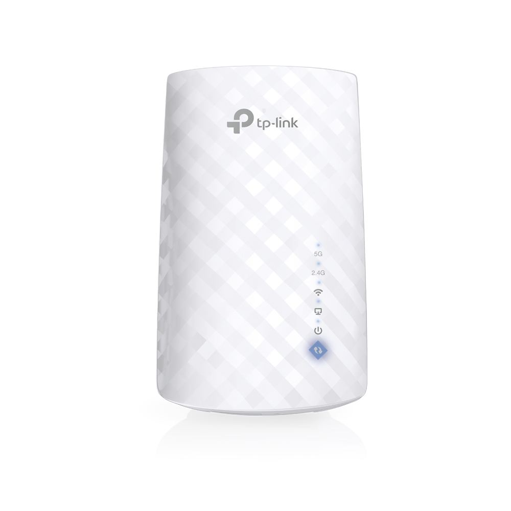 Un extensor Wi-Fi TP-Link blanco con luces indicadoras. El dispositivo tiene un patrón geométrico y el logotipo de TP-Link.