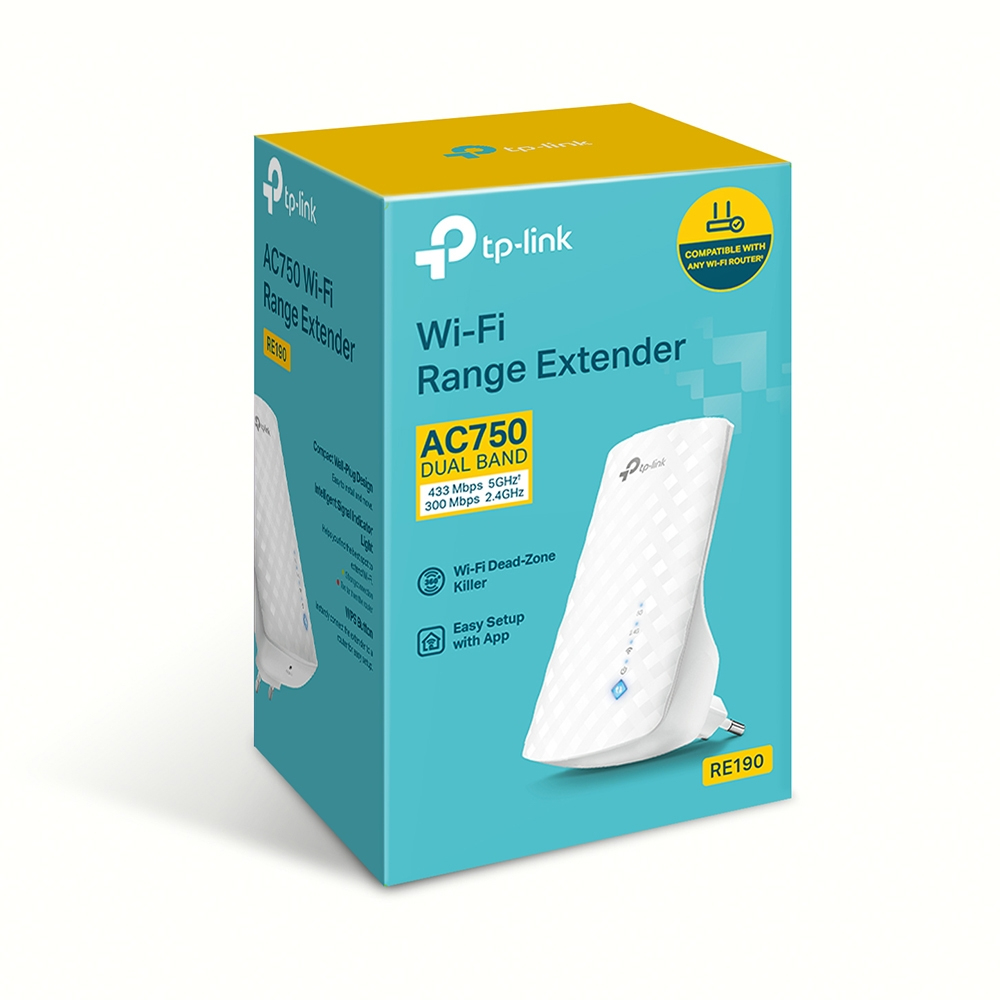 Caja de extensor de rango Wi-Fi TP-Link. Es blanca y verde azulado, con detalles del producto y un extensor Wi-Fi en exhibición.