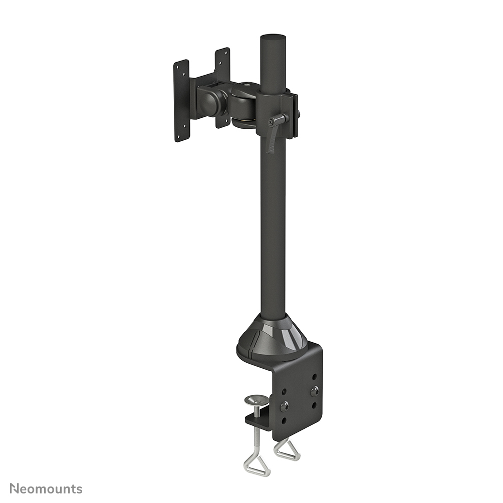Eine schwarze Monitorhalterung mit Klemme. Sie hat eine vertikale Stange und einen Arm zur Aufnahme des Monitors. Die Basis hat eine Klemme.