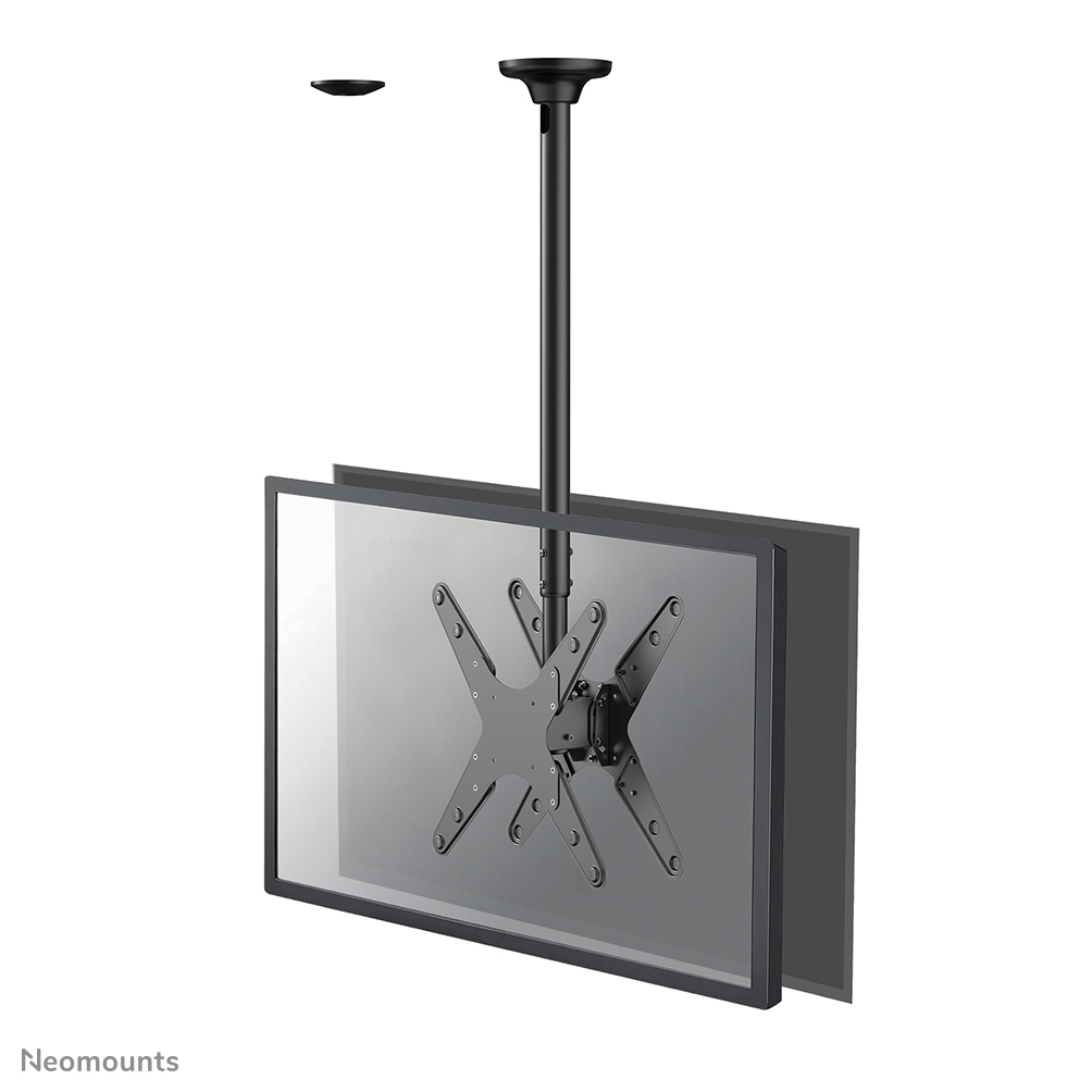 Support de plafond noir pour téléviseur. Il a un poteau, un support et un écran. Le fond est blanc.
