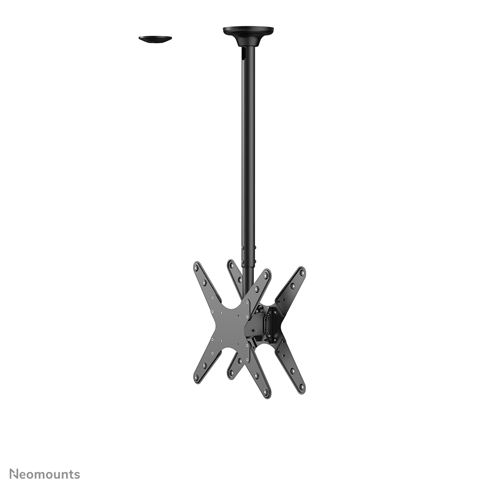 Un support de plafond noir pour téléviseur. Il a un poteau vertical et un support en forme de X avec plusieurs trous.