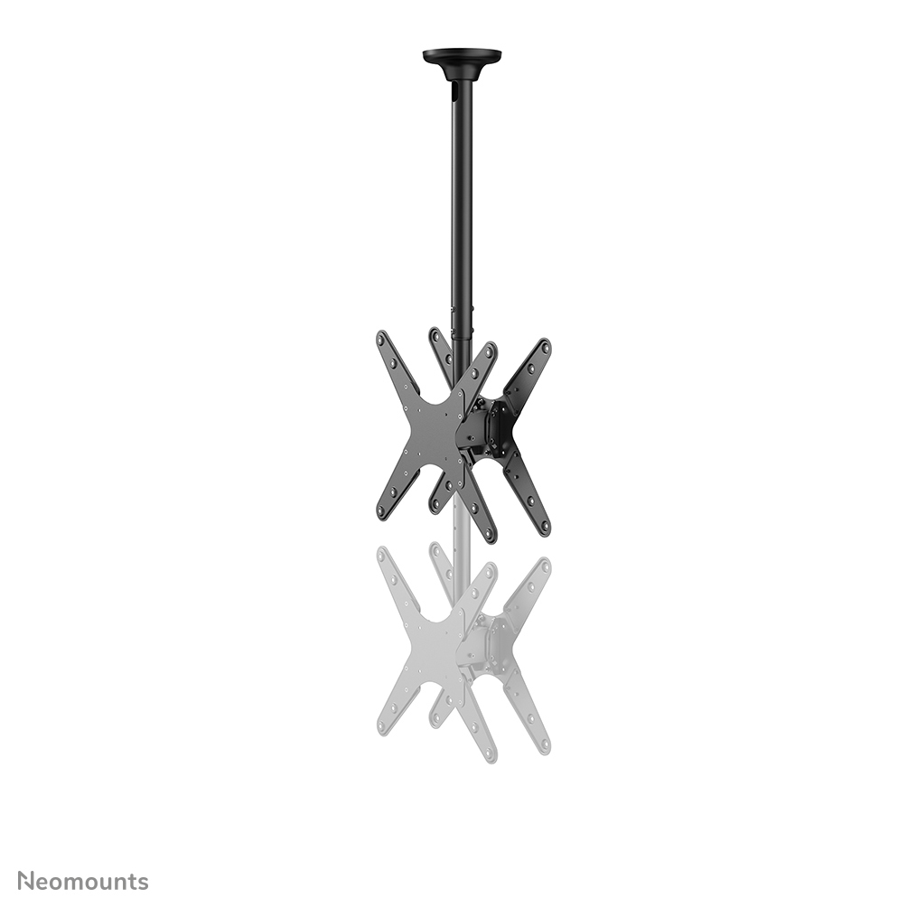 Un support TV de plafond noir est suspendu, avec un reflet miroir en dessous. Il a un poteau et un support en forme d'étoile.