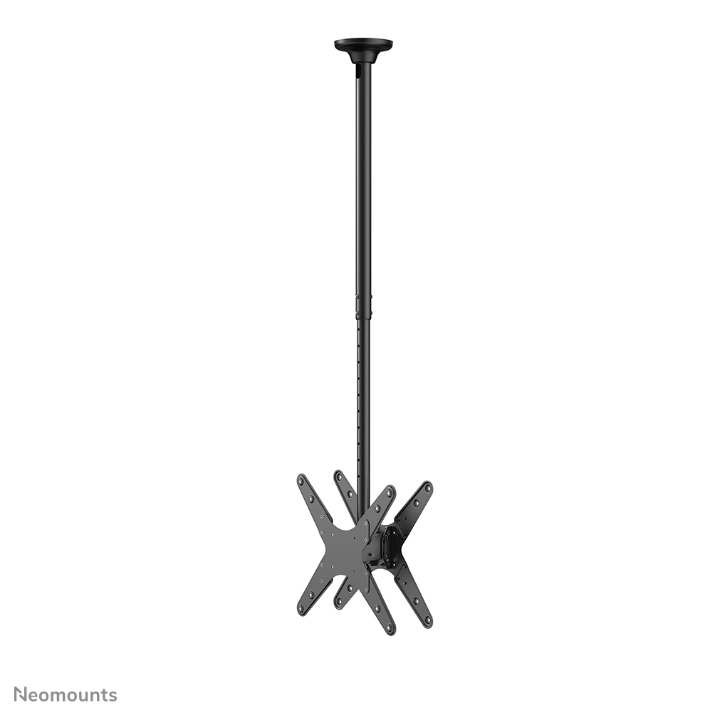 Un support de plafond noir pour téléviseur. Il a une longue tige et un support en forme d'étoile pour maintenir la TV.
