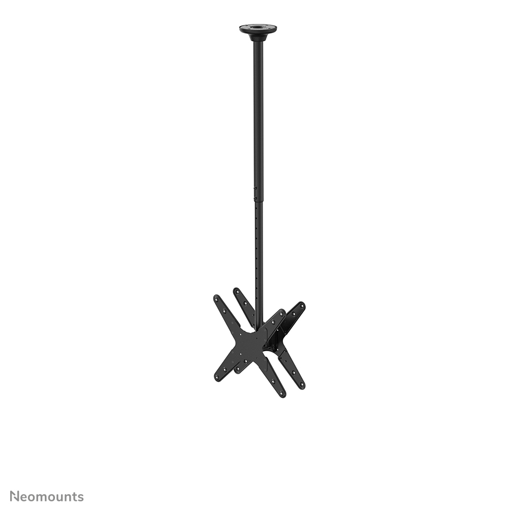 Un support de télévision de plafond noir. Il a un long poteau, depuis la fixation au plafond jusqu'à la plaque de montage du téléviseur. Fond blanc.