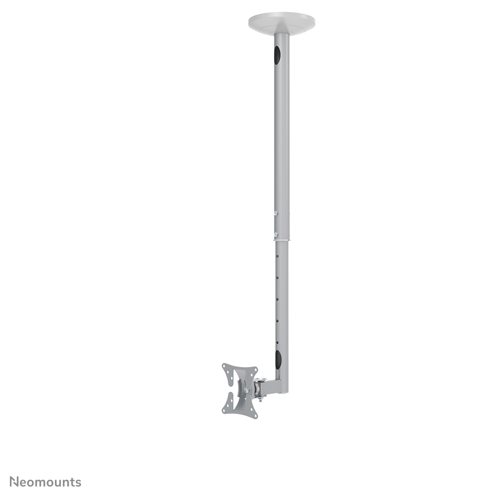 Eine silberne Deckenhalterung für einen Monitor. Sie hat eine runde Deckenplatte, eine verstellbare Stange und eine Halterung.