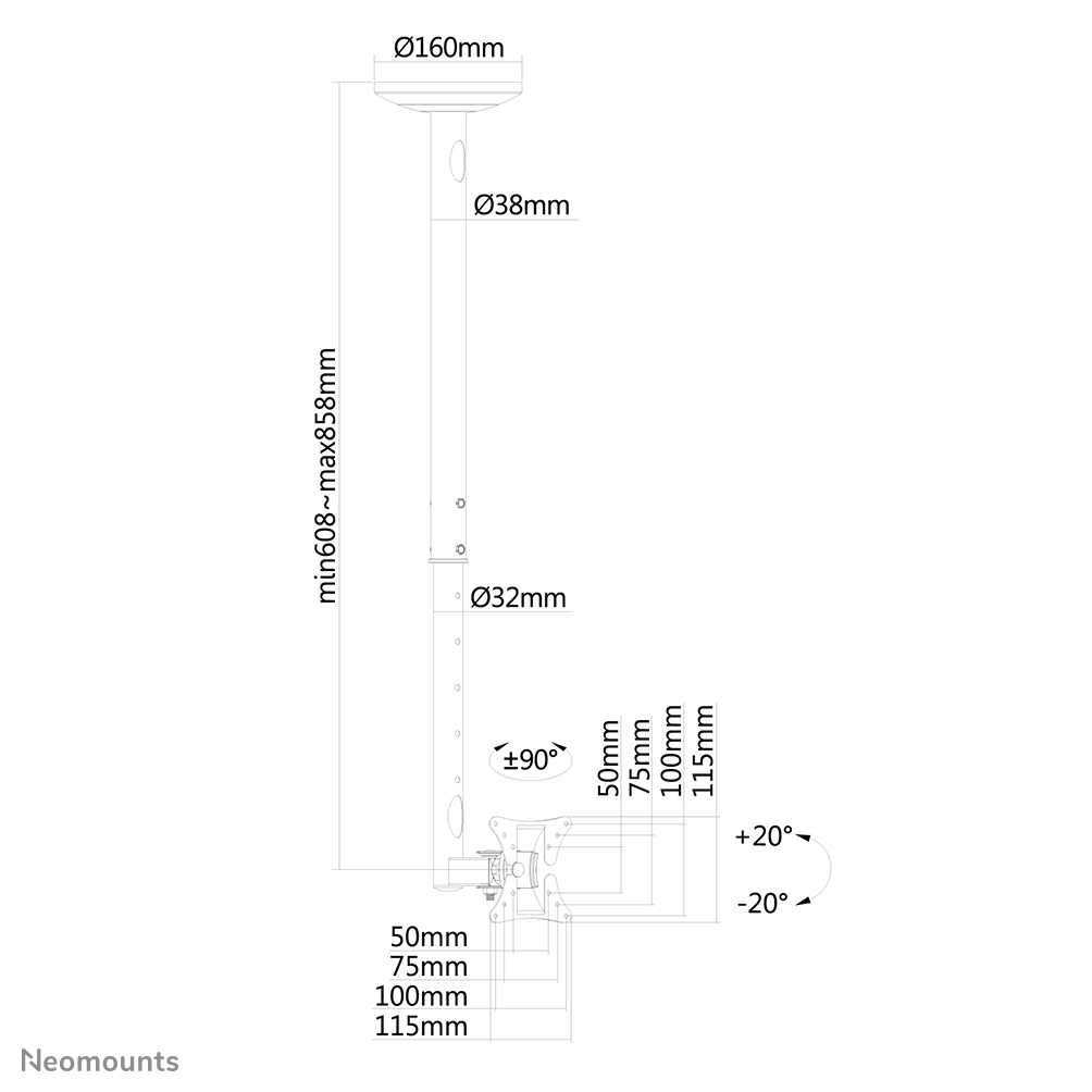 Diagramm einer Deckenhalterung mit mm-Angaben und Winkeln. Es enthält Messungen für verschiedene Teile und deren Positionen.