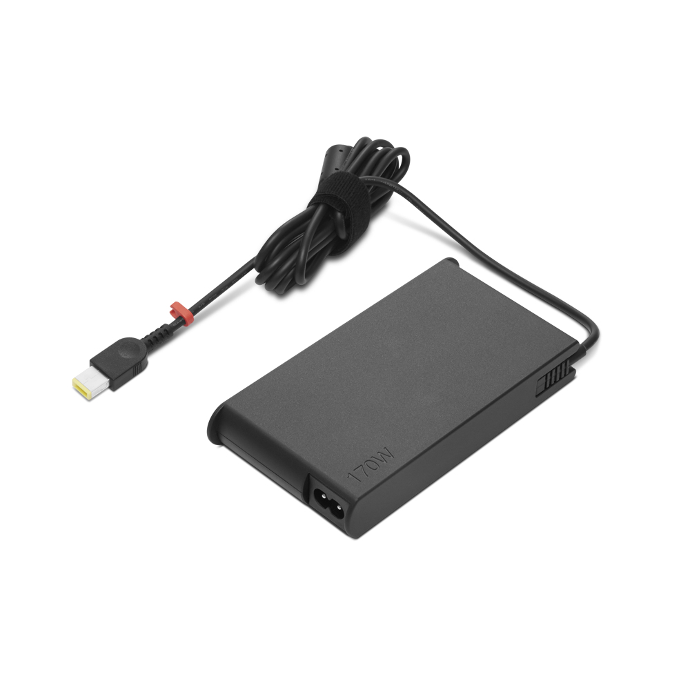 Czarna ładowarka do laptopa z kablem, złączem i rzepem na białym tle. Ładowarka ma napis 170W.