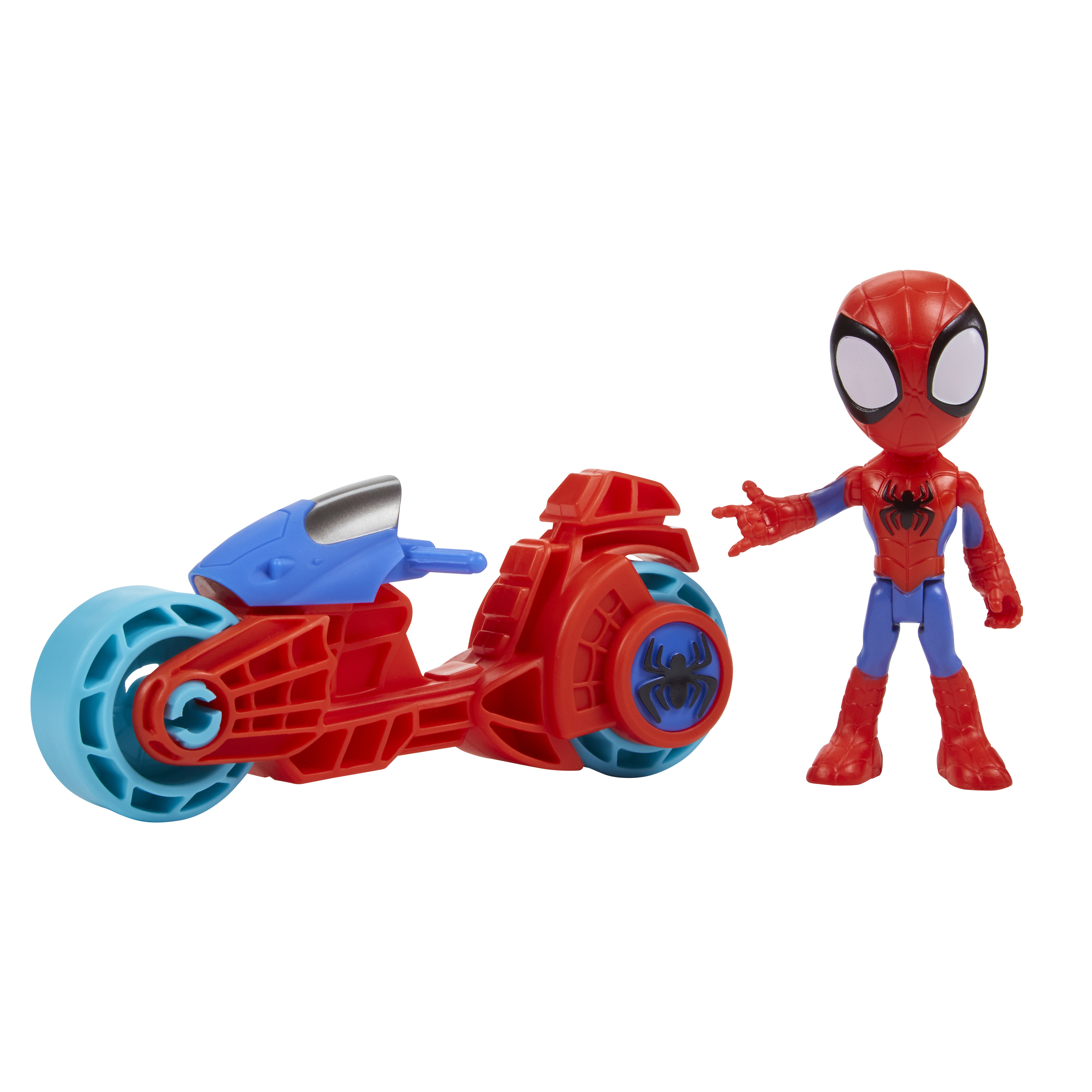 Figurka Spider-Mana z czerwonym motocyklem. Figurka jest czerwona i niebieska. Rower jest czerwony, niebieski i jasnoniebieski.