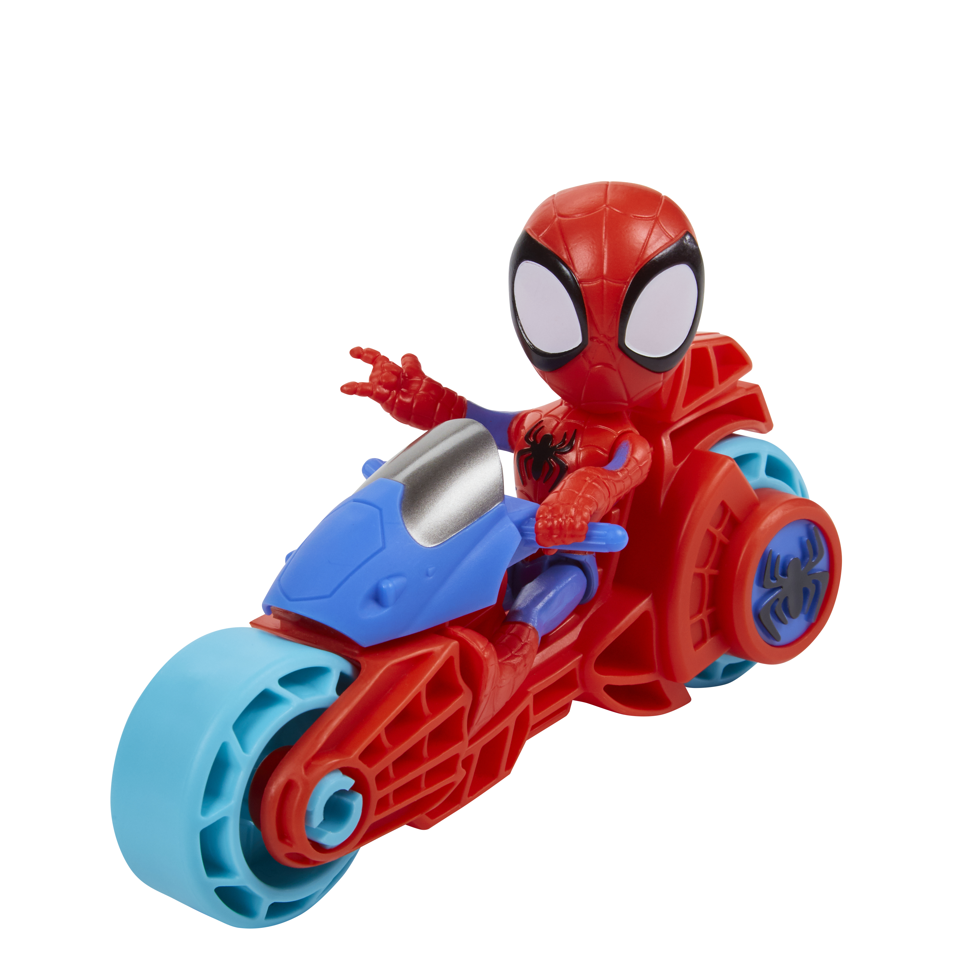 Zabawka Spider-Mana na czerwono-niebieskim motocyklu. Spider-Man jest czerwony z białymi oczami. Niebieskie koła.