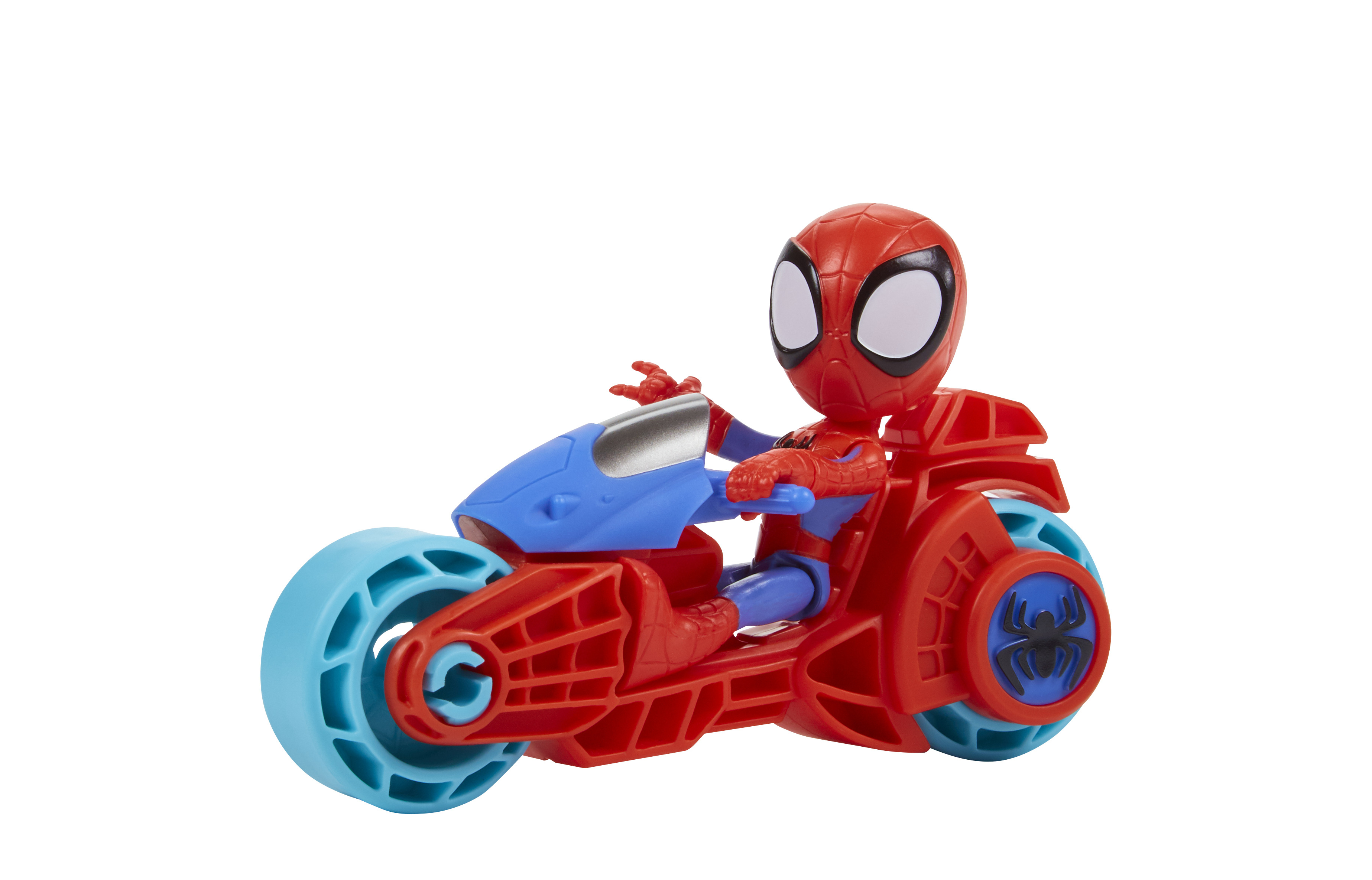 Zabawka Spider-Man na czerwono-niebieskim motocyklu. Tło jest białe.