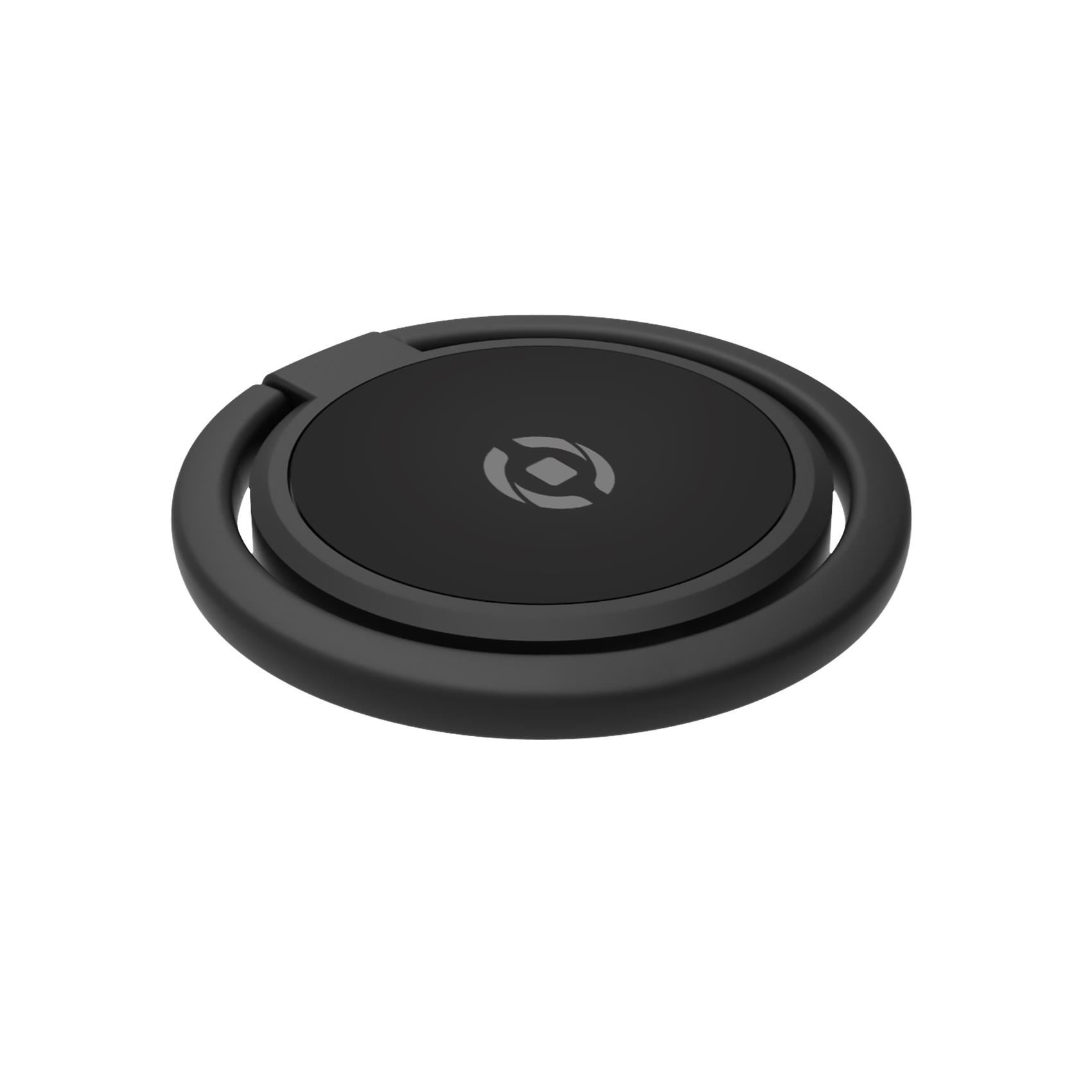 Ein schwarzer Telefonringhalter mit kreisförmiger Basis und faltbarem Ring auf weißem Hintergrund.