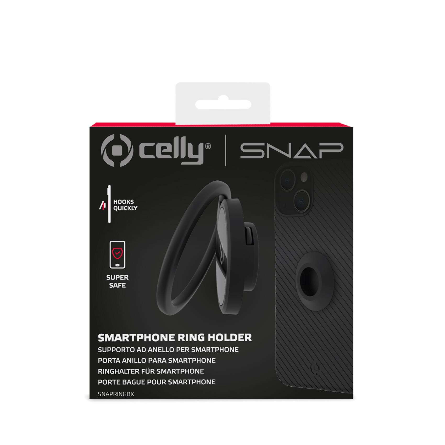 Schwarzer Smartphone-Ringhalter mit Telefon auf schwarzem Hintergrund, Markenname Celly, Produktname SNAP.