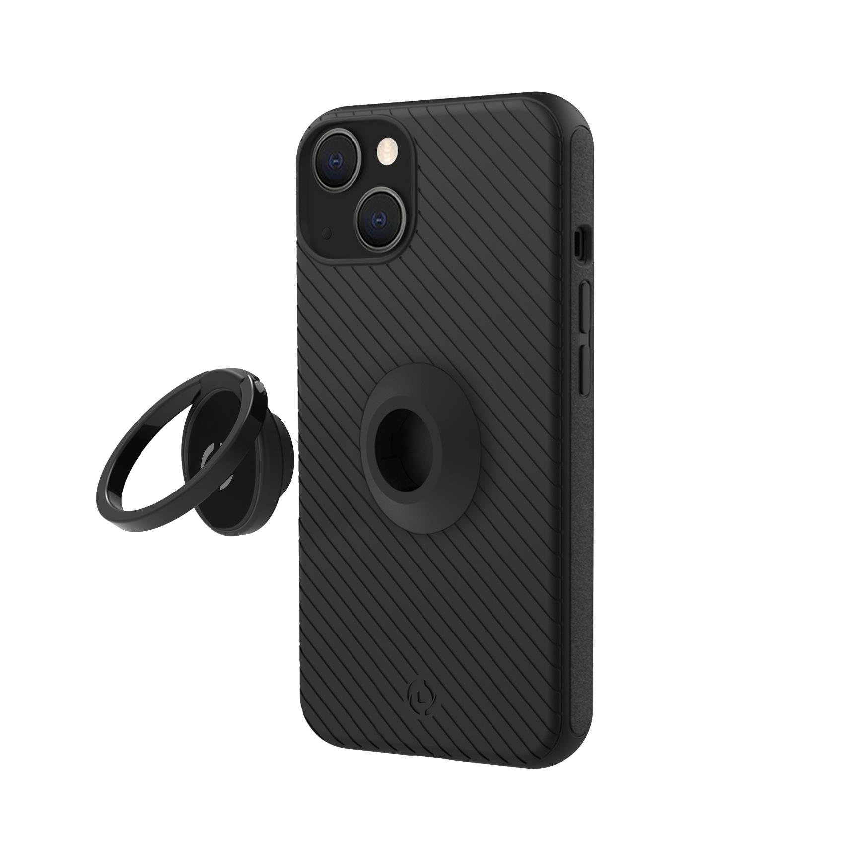 Schwarze Handyhülle mit Ringhalter und Telefon. Das Gehäuse hat diagonale Linien.
