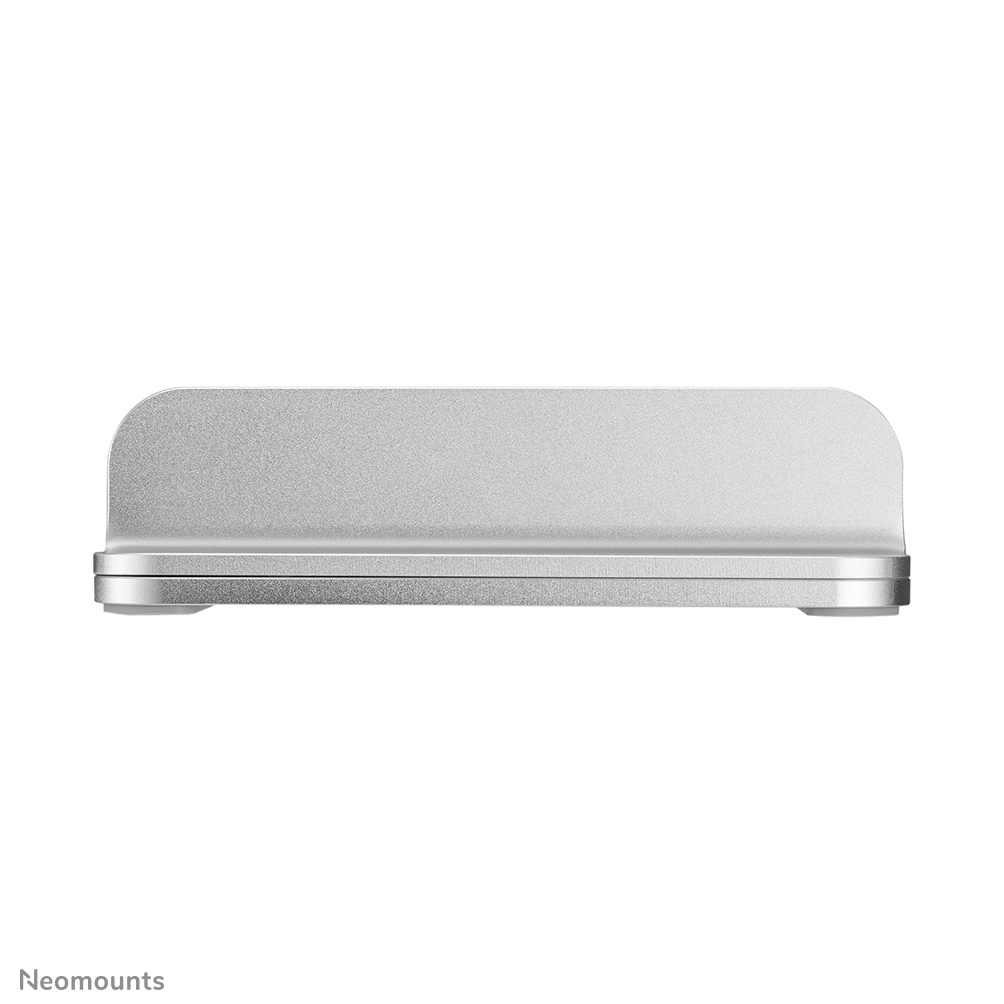 Silver, rectangular desk stand with rounded top edge and two small feet, against a white backdrop.