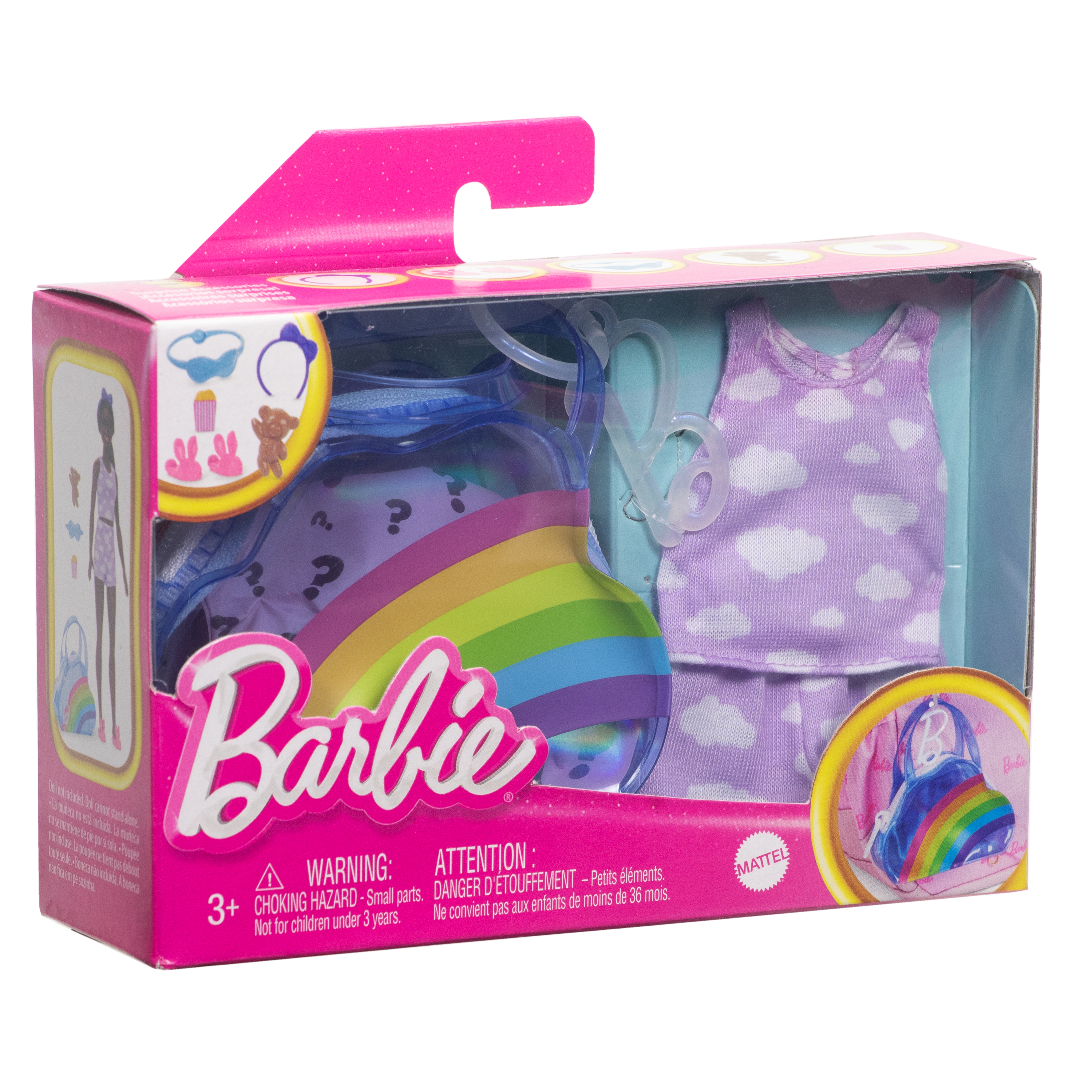 Zestaw akcesoriów dla lalek Barbie w pudełku. Zawiera zestaw do spania, torbę z tęczą i inne akcesoria.