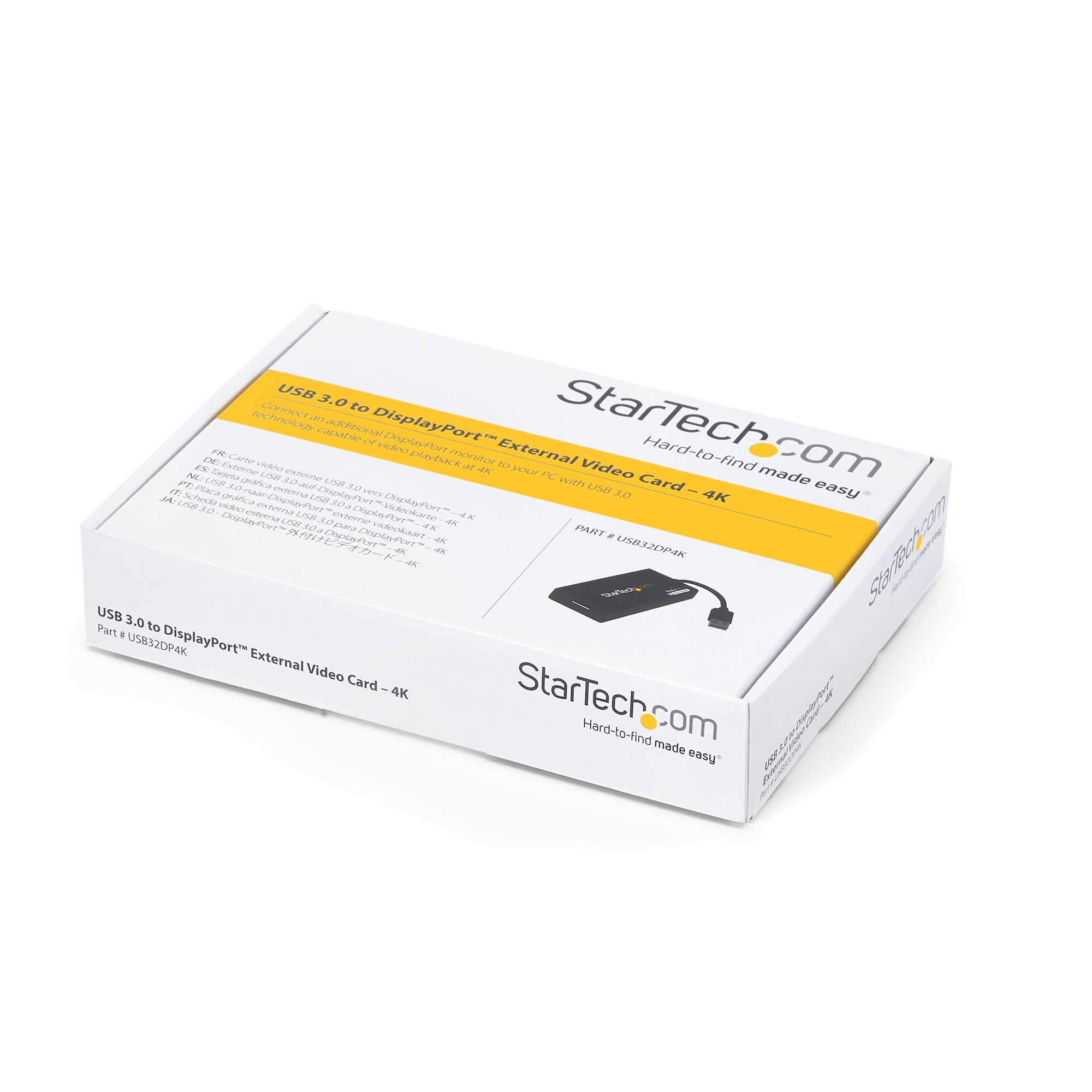 Una caja blanca con la marca StarTech.com y una tarjeta de video externa USB 3.0 a DisplayPort.