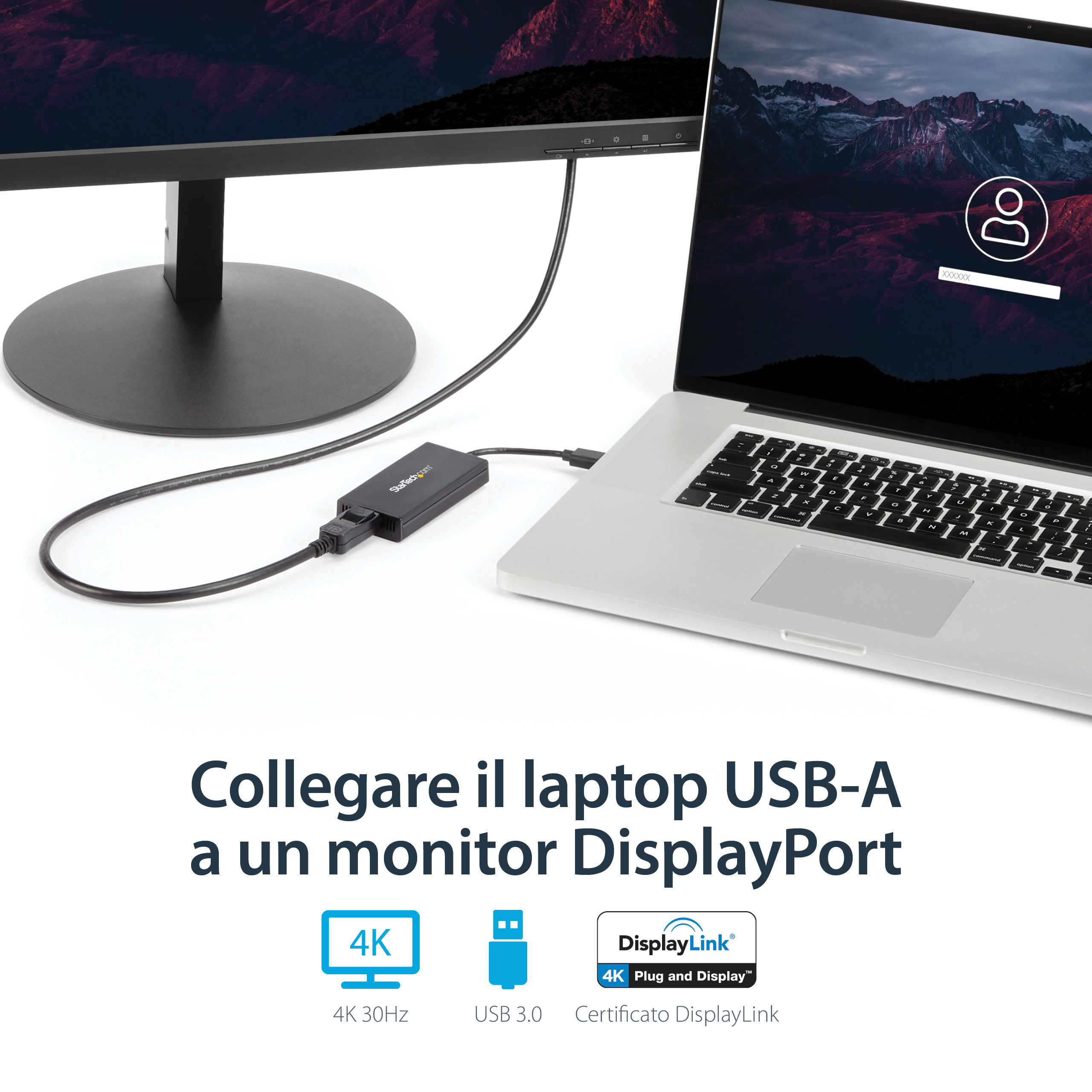 Laptop conectado a un monitor por USB-A. Se usa un adaptador StarTech. Texto en italiano sobre la conexión.