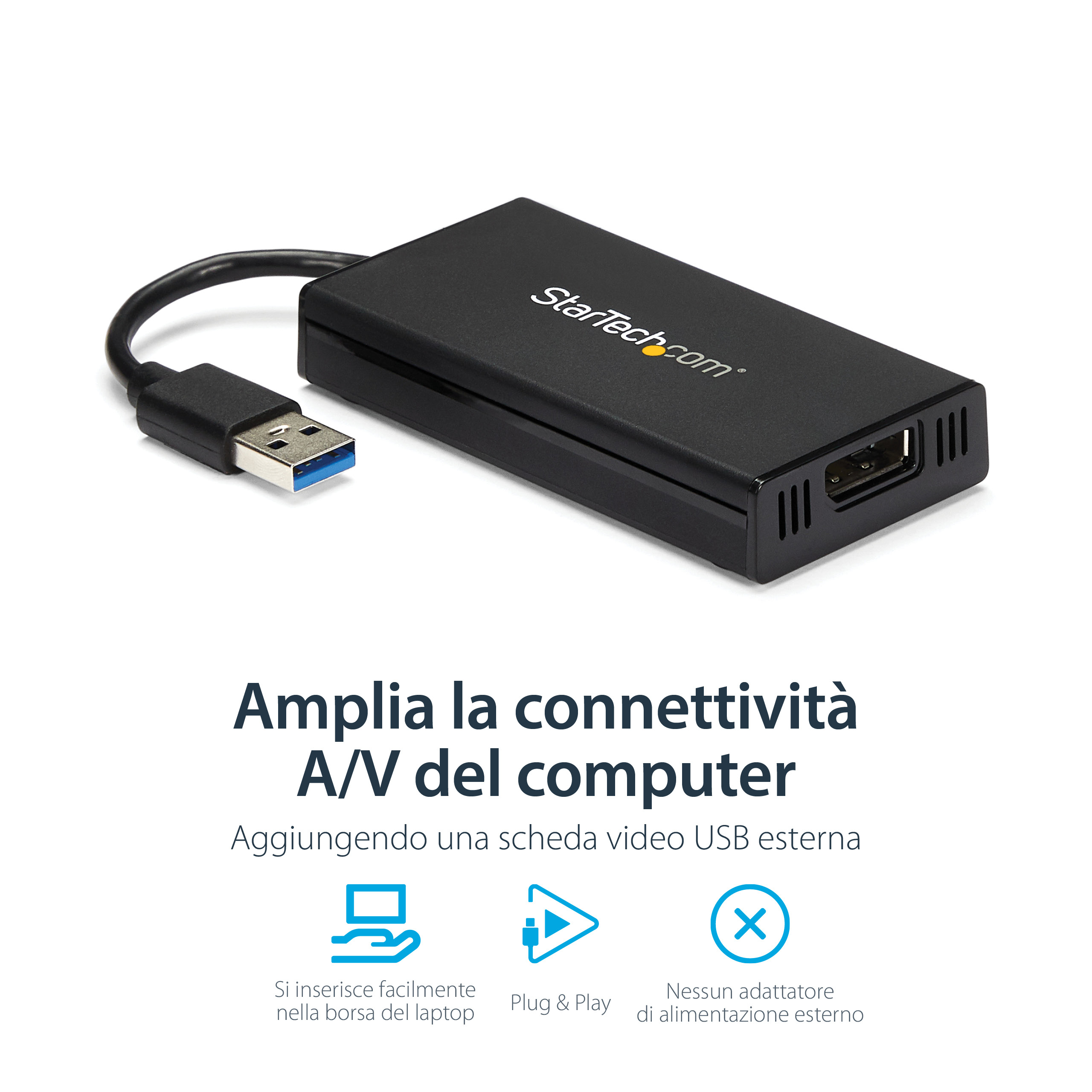 Adaptador de vídeo USB negro StarTech con cable USB y texto en italiano.