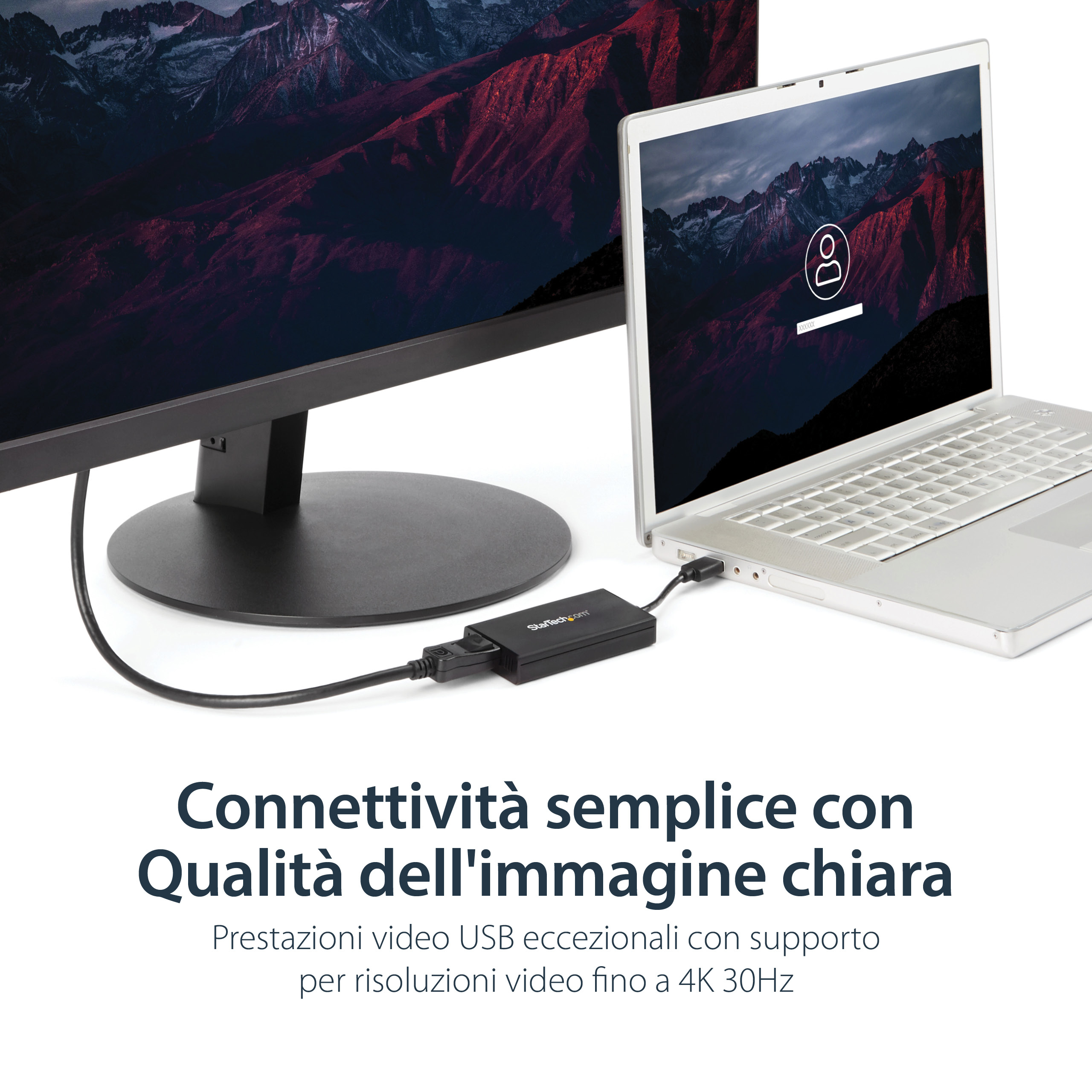 Una laptop y un monitor están conectados por un adaptador negro. El texto dice: 'Conectividad simple con calidad de imagen clara'.