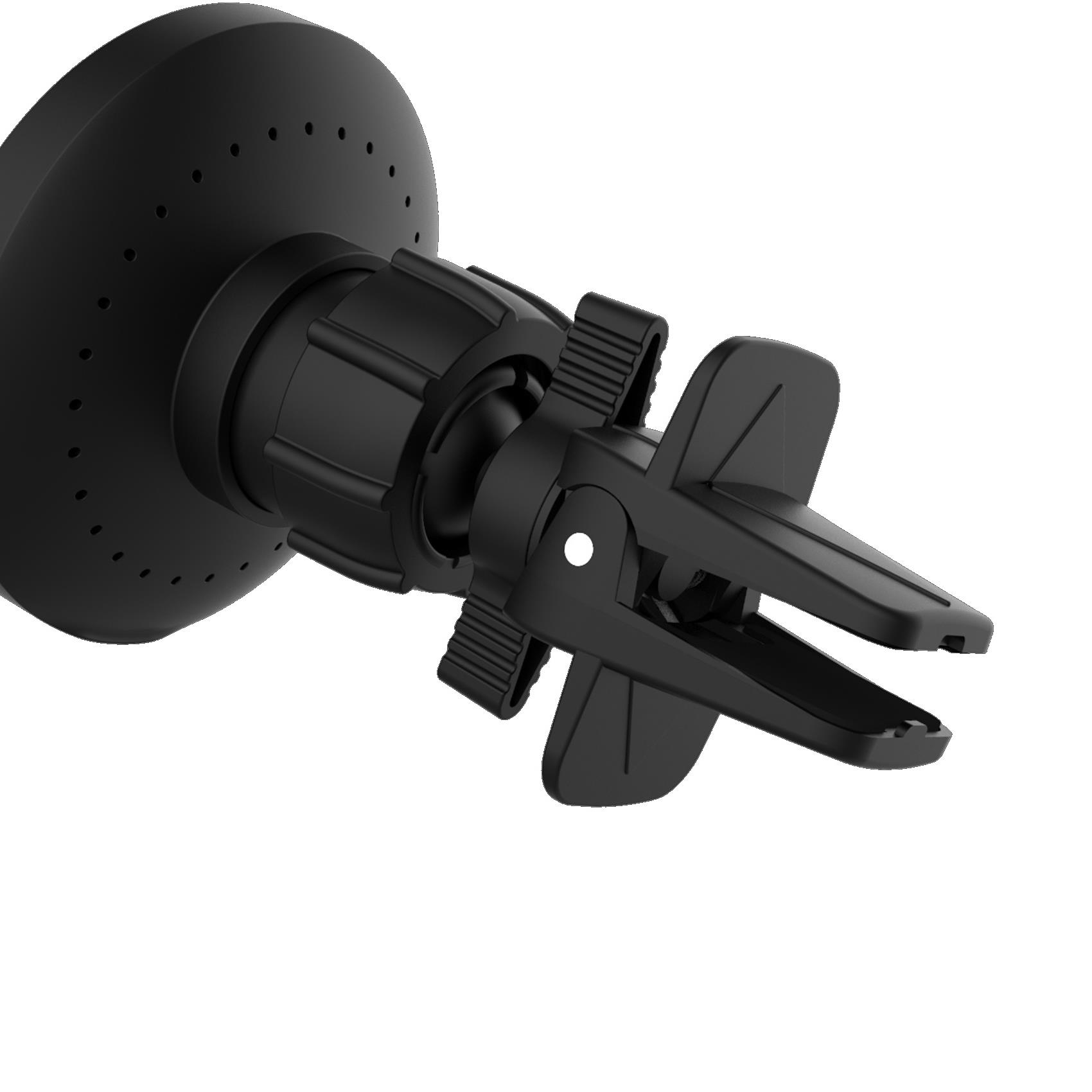 Ein schwarzer Handyhalter für die Lüftungsschlitze im Auto. Er hat eine runde Basis, einen verstellbaren Arm und zwei Clips.
