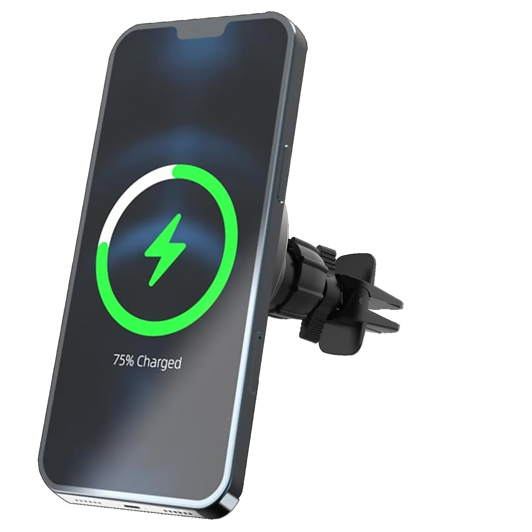 Ein Telefon mit Ladesymbol ist an einem schwarzen Lüftungsschlitz befestigt, 75 % geladen.