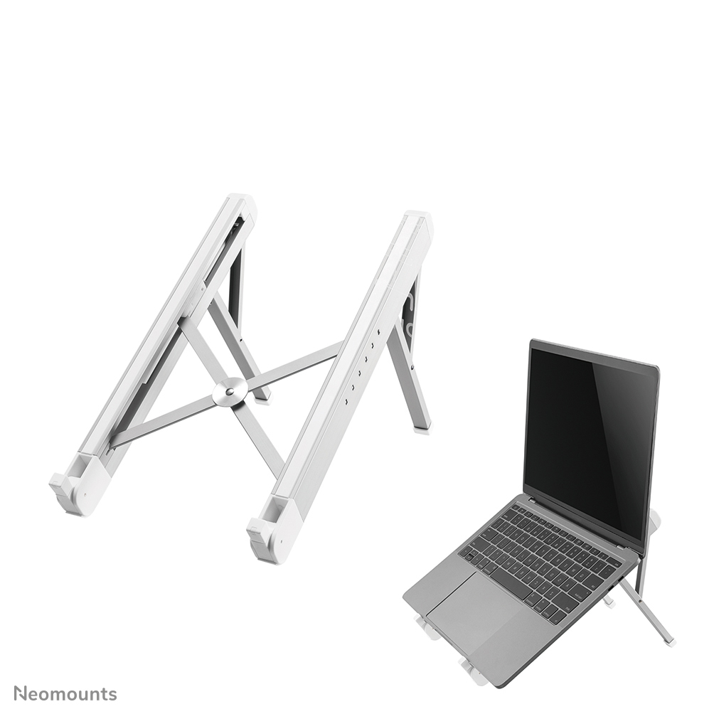 A laptop on a silver stand, and another stand in the background. White background.
