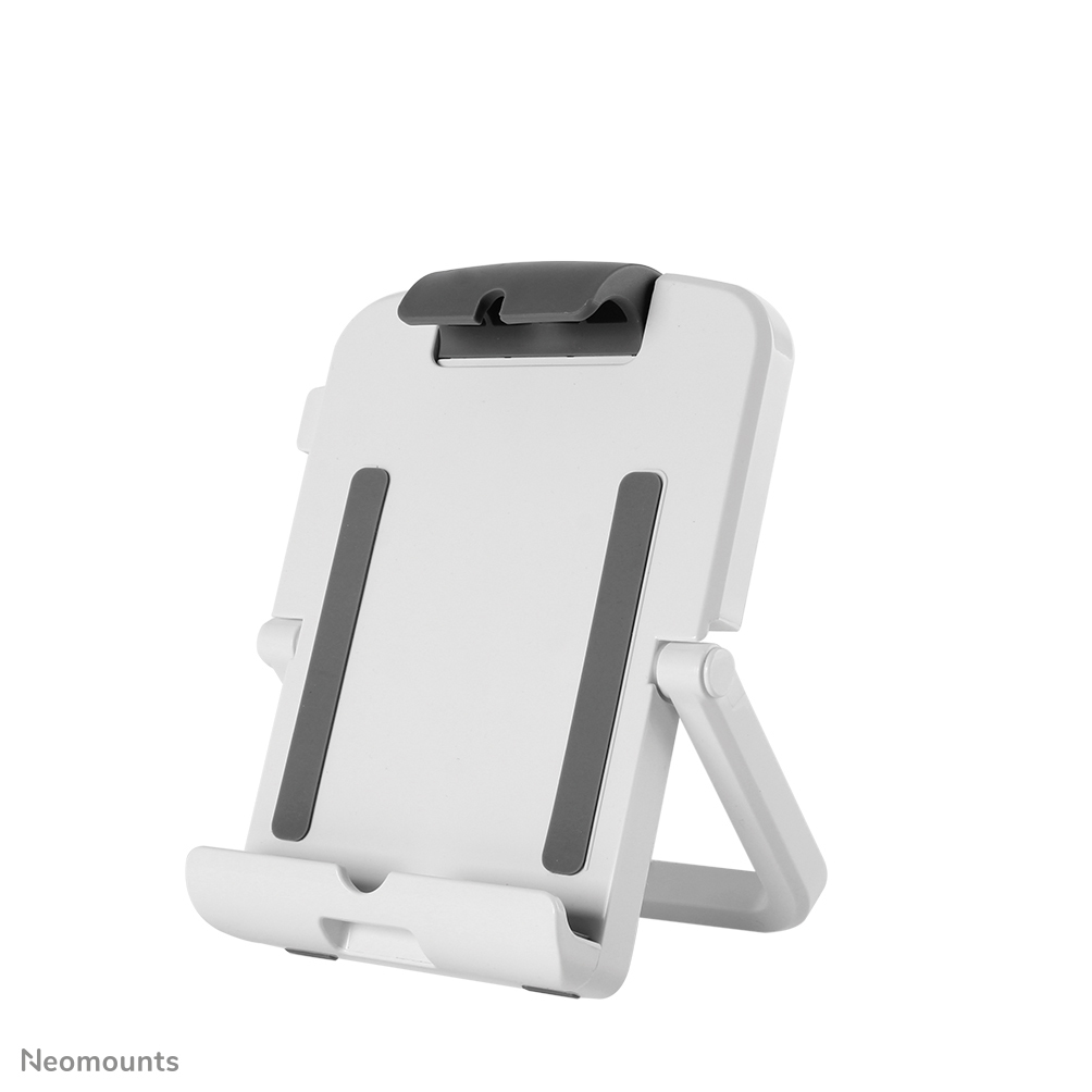 Support de tablette blanc avec des accents gris. Il possède un support, deux barres de support et un pied pliable. Le fond est blanc.