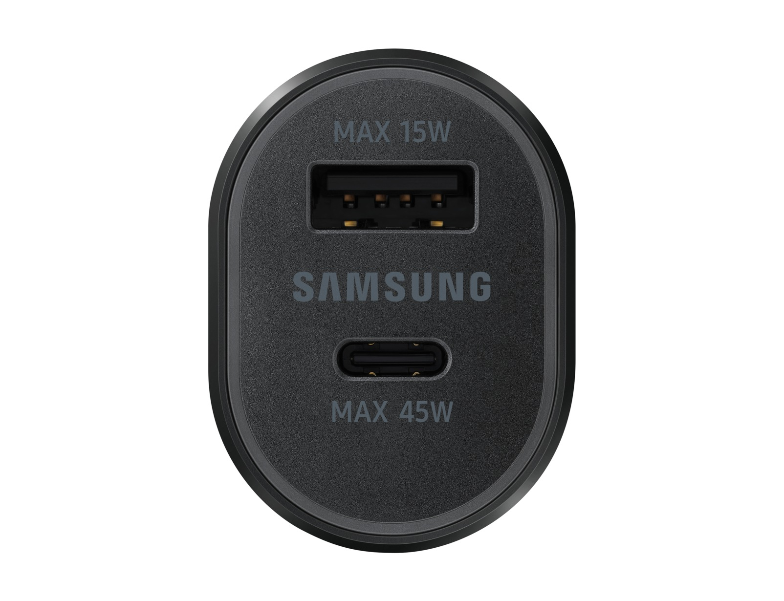Cargador de coche Samsung negro. Cuenta con puertos USB y USB-C, etiquetados como 'MAX 15W' y 'MAX 45W', con el logotipo de Samsung.