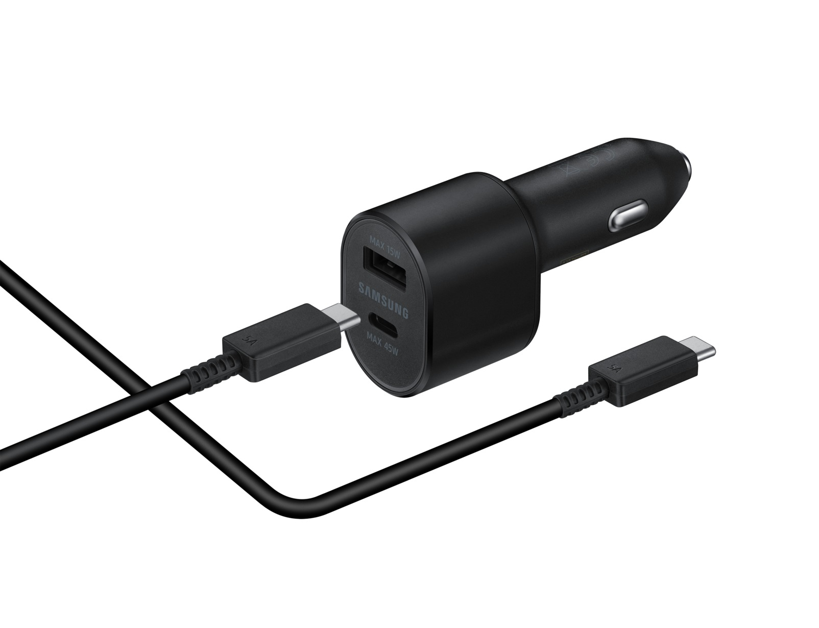 Cargador de coche Samsung negro con dos cables USB-C. El cargador tiene puertos MAX 15W y MAX 45W. Cables conectados.