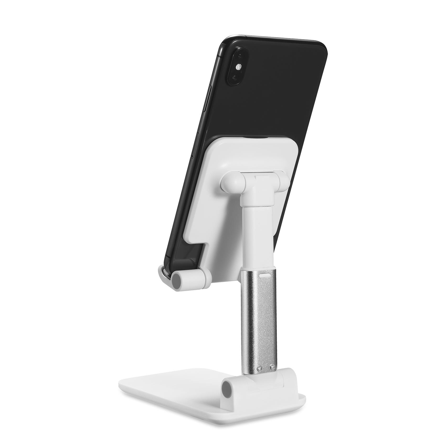 Ein schwarzes Smartphone steht auf einem weißen Telefonständer. Der Ständer hat einen silbernen Stiel und eine weiße Basis. Der Hintergrund ist weiß.