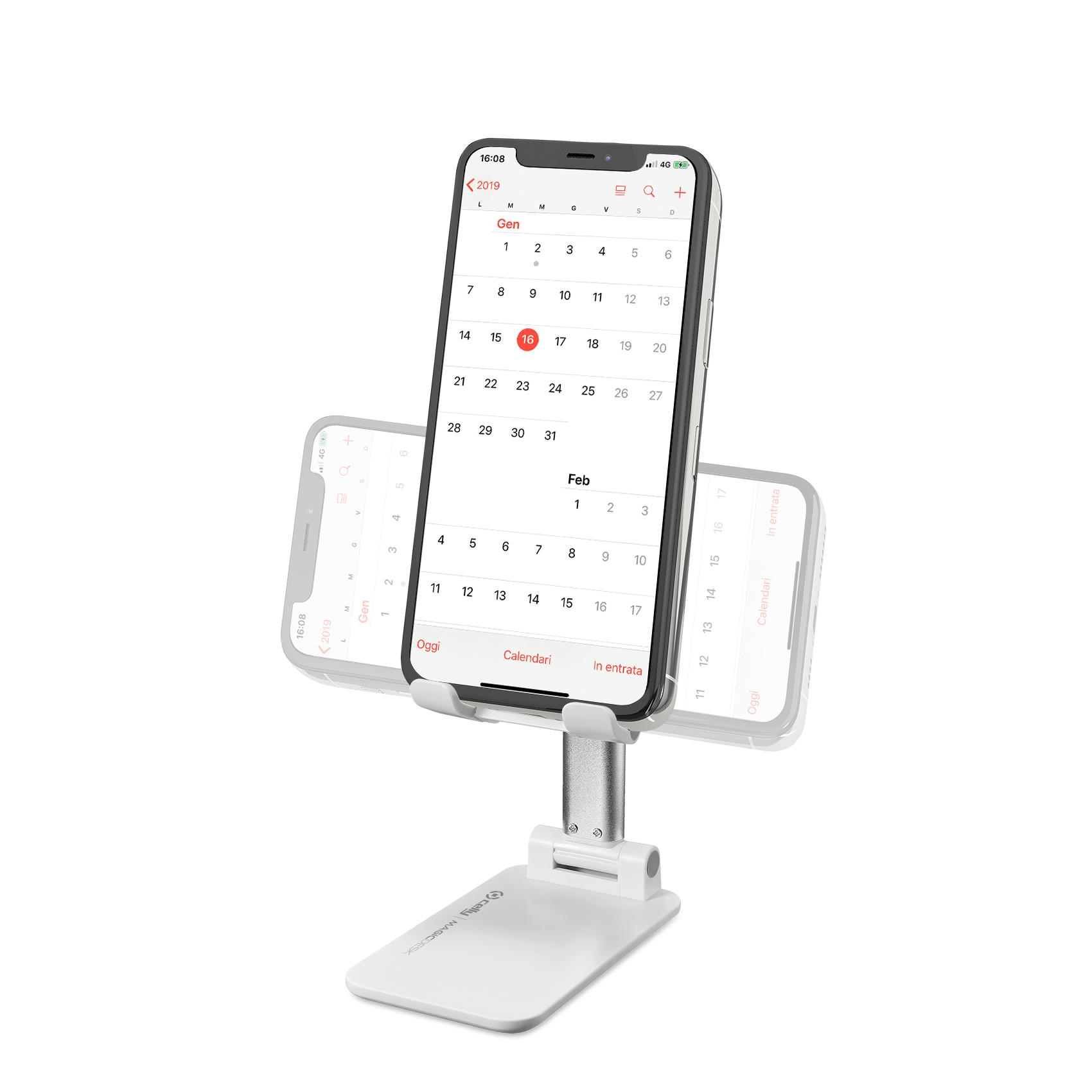 Ein Telefon mit Kalender steht auf einem Ständer. Das Telefon zeigt den 16. Januar 2019, rot markiert.