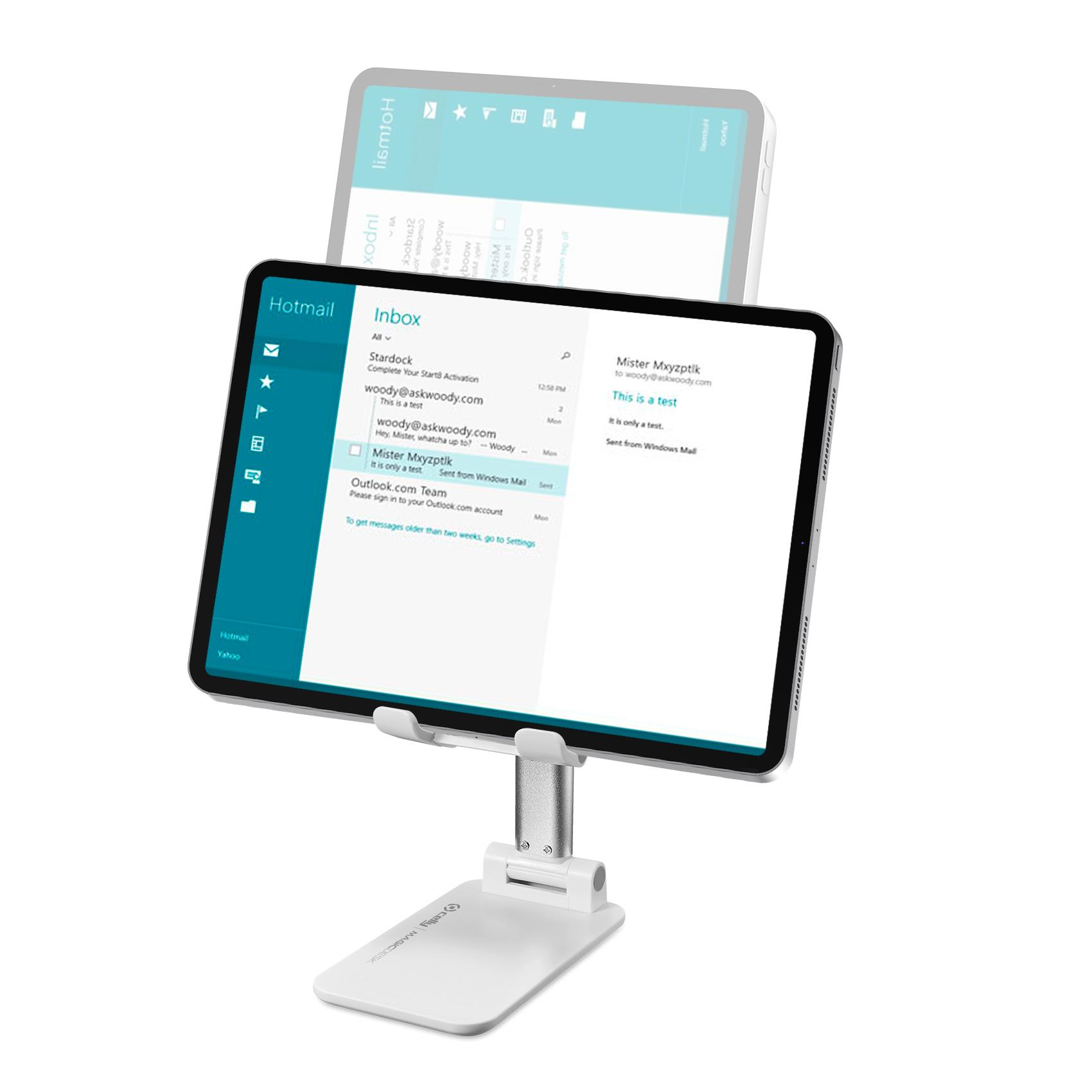 Tablet mit E-Mail-Anzeige, unterstützt von einem weißen Ständer. Zeigt Hotmail-Posteingang an. Ein weiteres Tablet im Hintergrund.