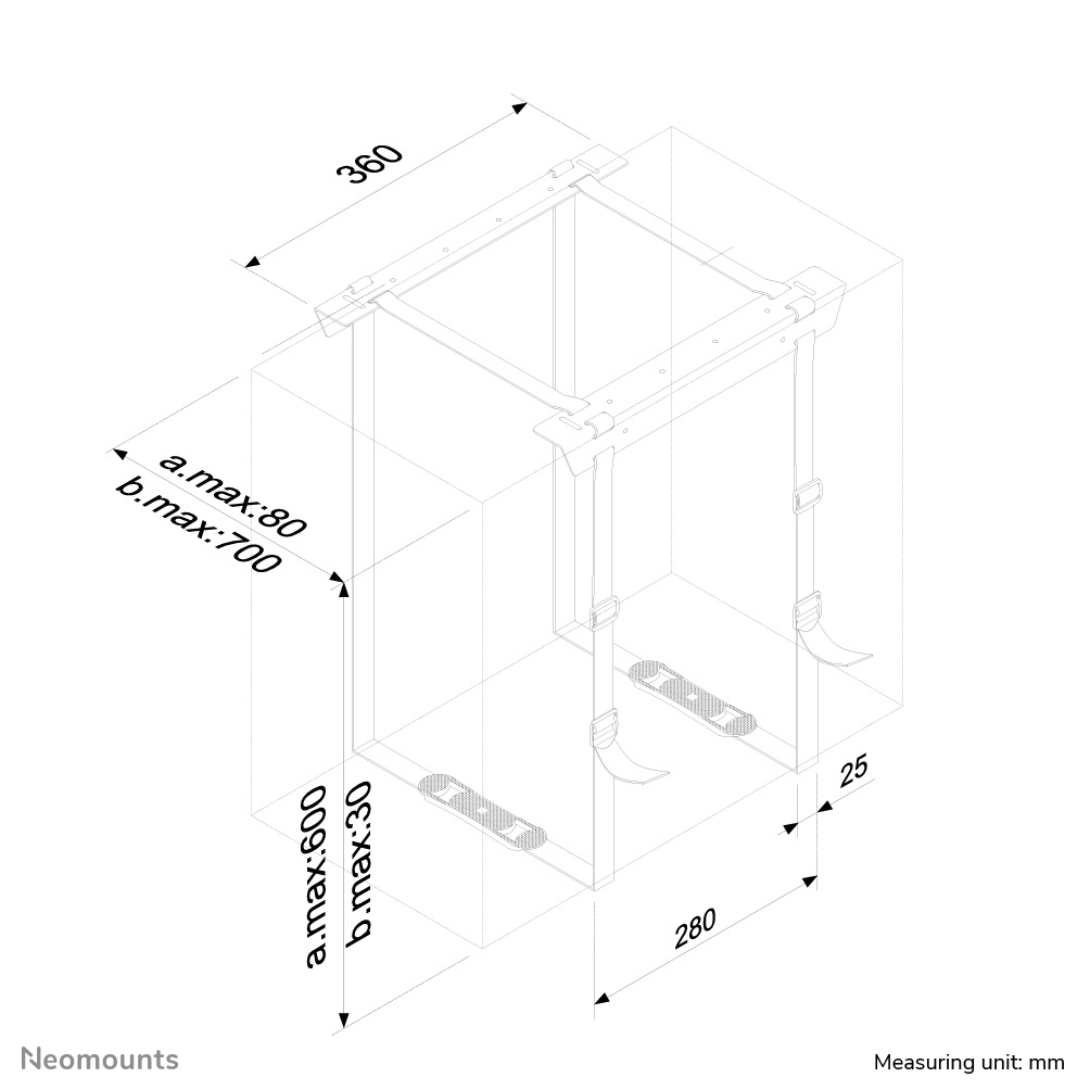 Isometrische Ansicht einer mechanischen Struktur mit Maßangaben. Es umfasst Balken, Riemen und Maße in Millimetern.