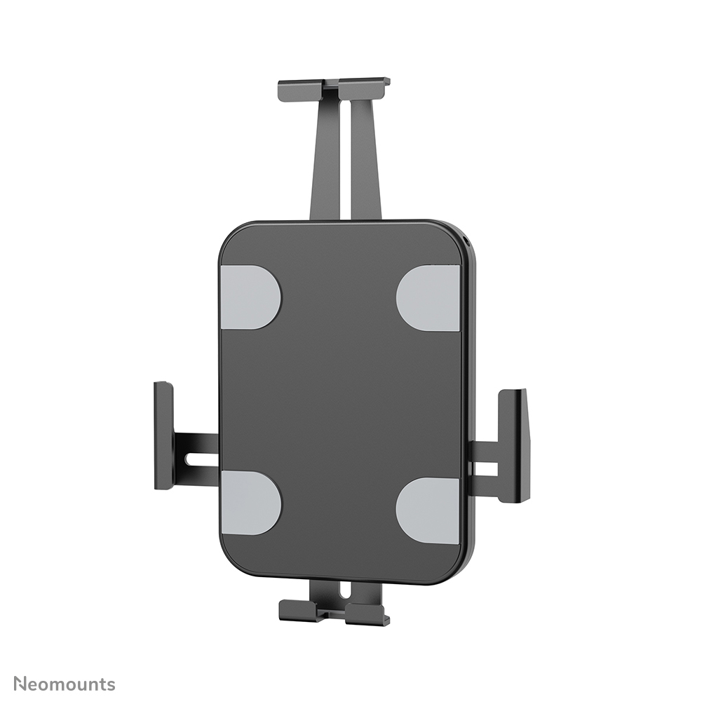 A black tablet holder with gray accents, made of metal, stands against a white background.