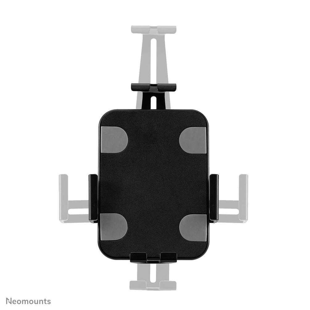 A black tablet holder with gray accents and a white background. It has adjustable arms and a mounting system.