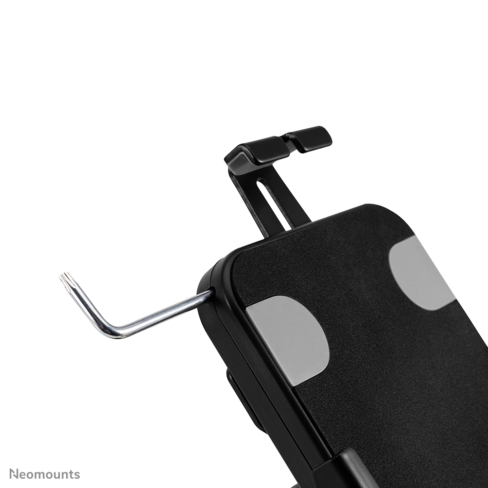 Close-up of a black phone holder with two gray pads. A silver metal rod extends from the side. White background.
