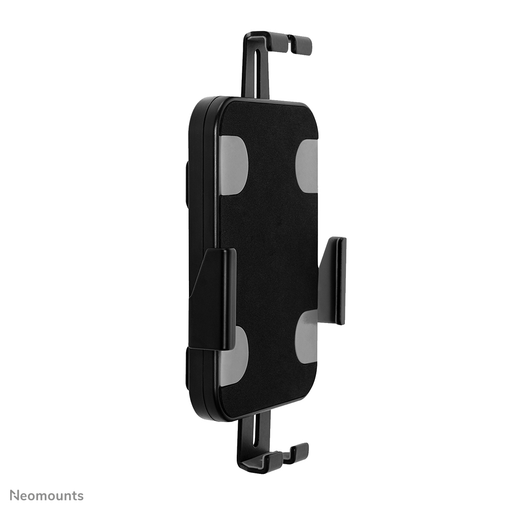 Black car phone holder with gray accents, clips, and hooks. Neomounts logo is visible.