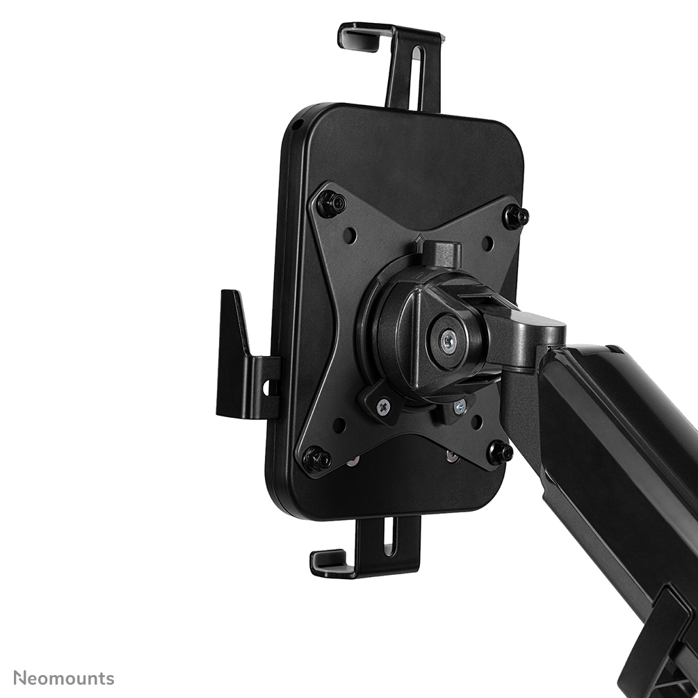 A black tablet holder, part of a monitor arm. It has hooks and a rotating joint, with visible screws against a white background.