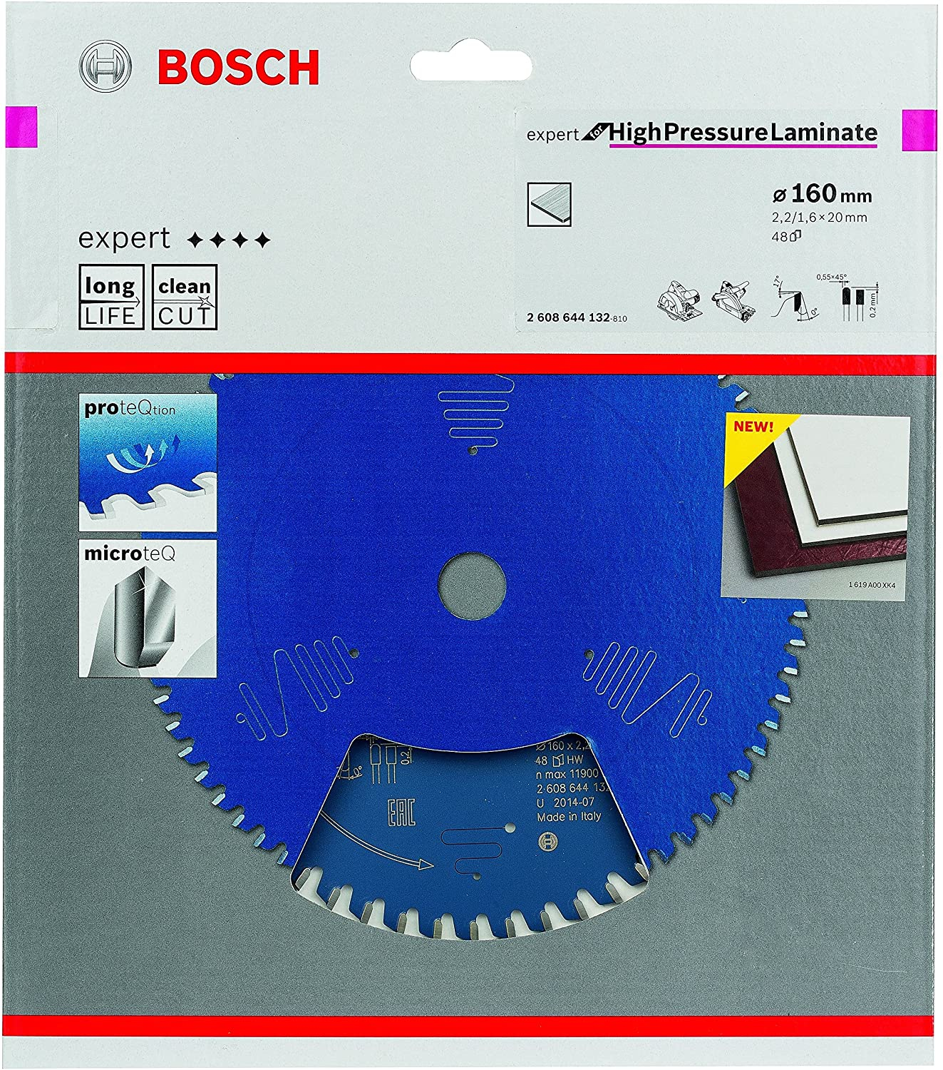 Blaues Bosch-Sägeblatt für Hochdrucklaminat, mit Produktdetails und einem 'NEU!'-Label auf der Verpackung.